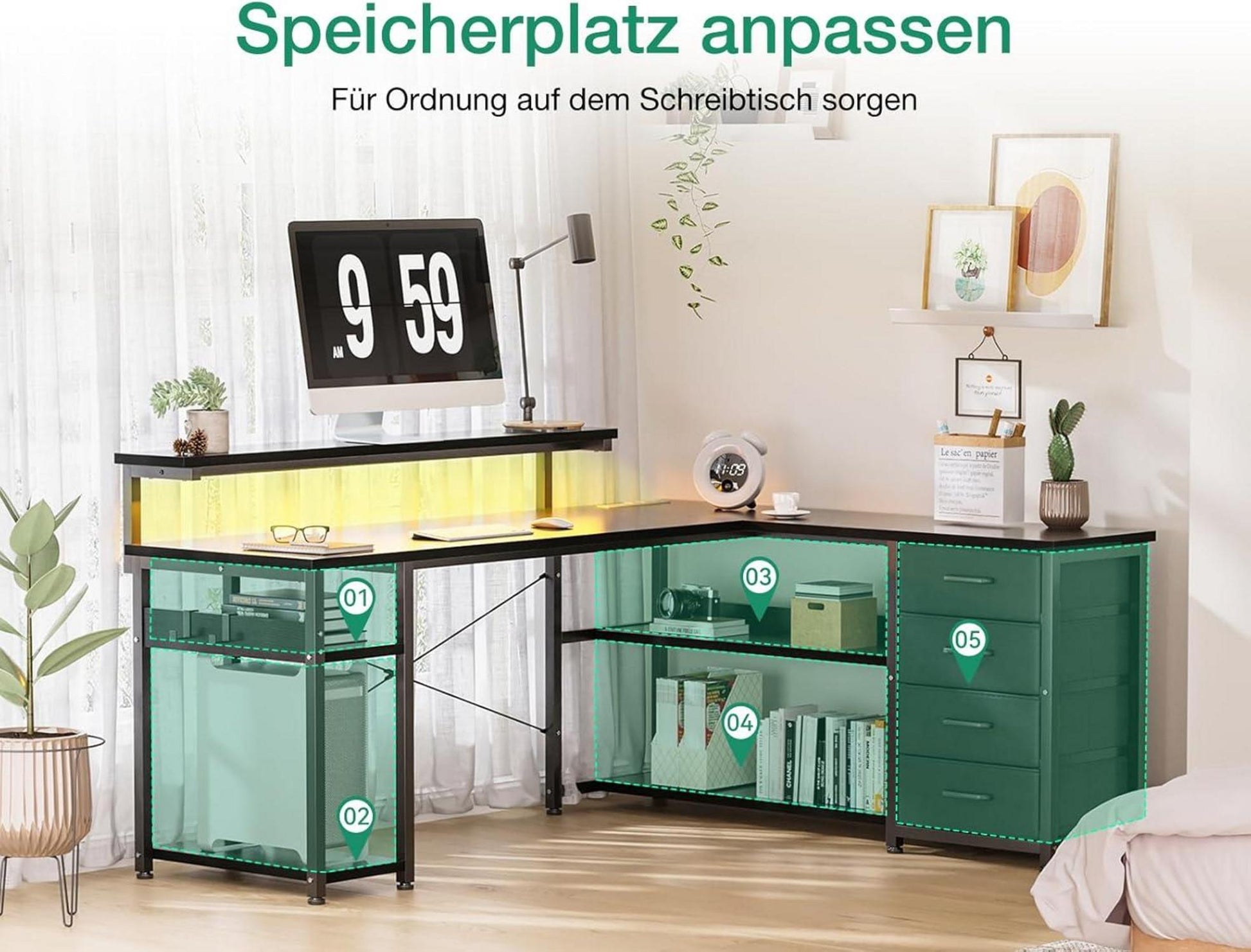 ODK Eckschreibtisch mit LED-Beleuchtung und Steckdosen Schwarz