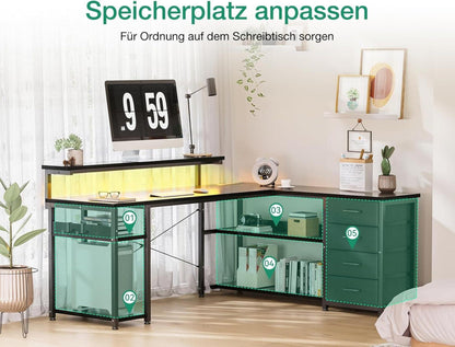 ODK Eckschreibtisch mit LED-Beleuchtung und Steckdosen Schwarz