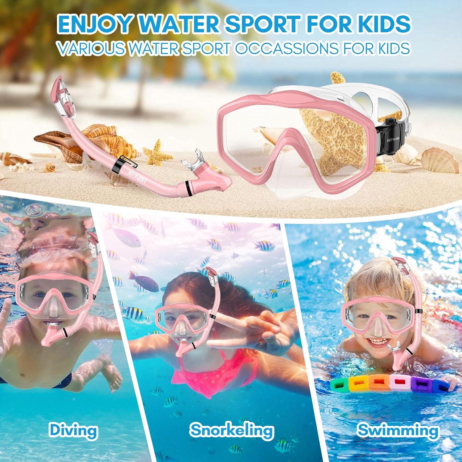 Hiipeak Kinder Schnorchelset Pink Anti-Fog Anti-Leck 180° Panorama Taucherbrille