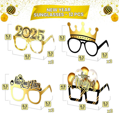 12 Silvester Party Deko 2025 Glücksbringer Brillen Set Blau, Gold, Silber