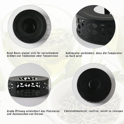 Stövchen Teewärmer Edelstahl Teelicht für Teekanne Schwarz Warmhalter