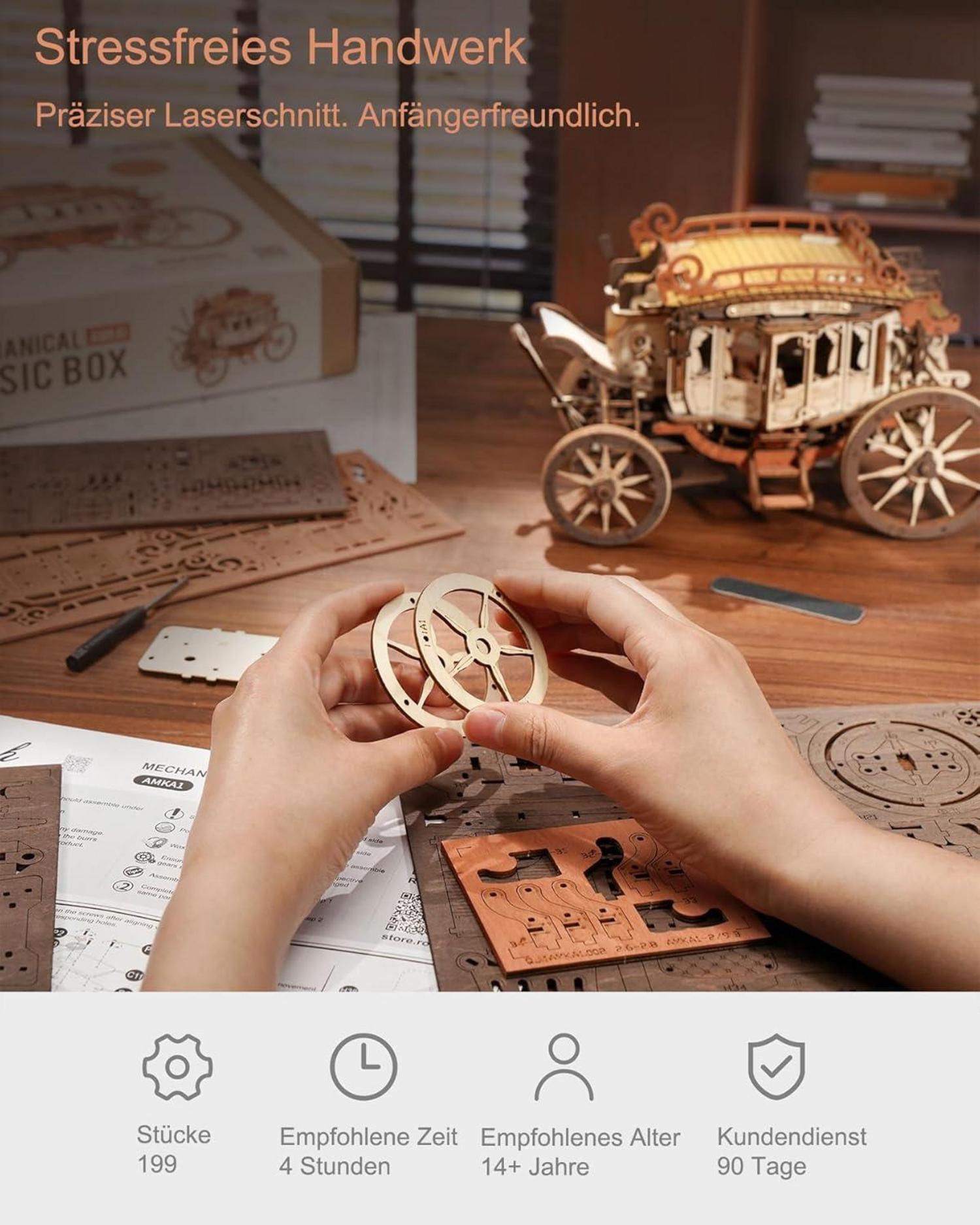 ROKR 3D Puzzle Holzmodell Spieluhr-Postkutsche Geburtstagsgeschenk