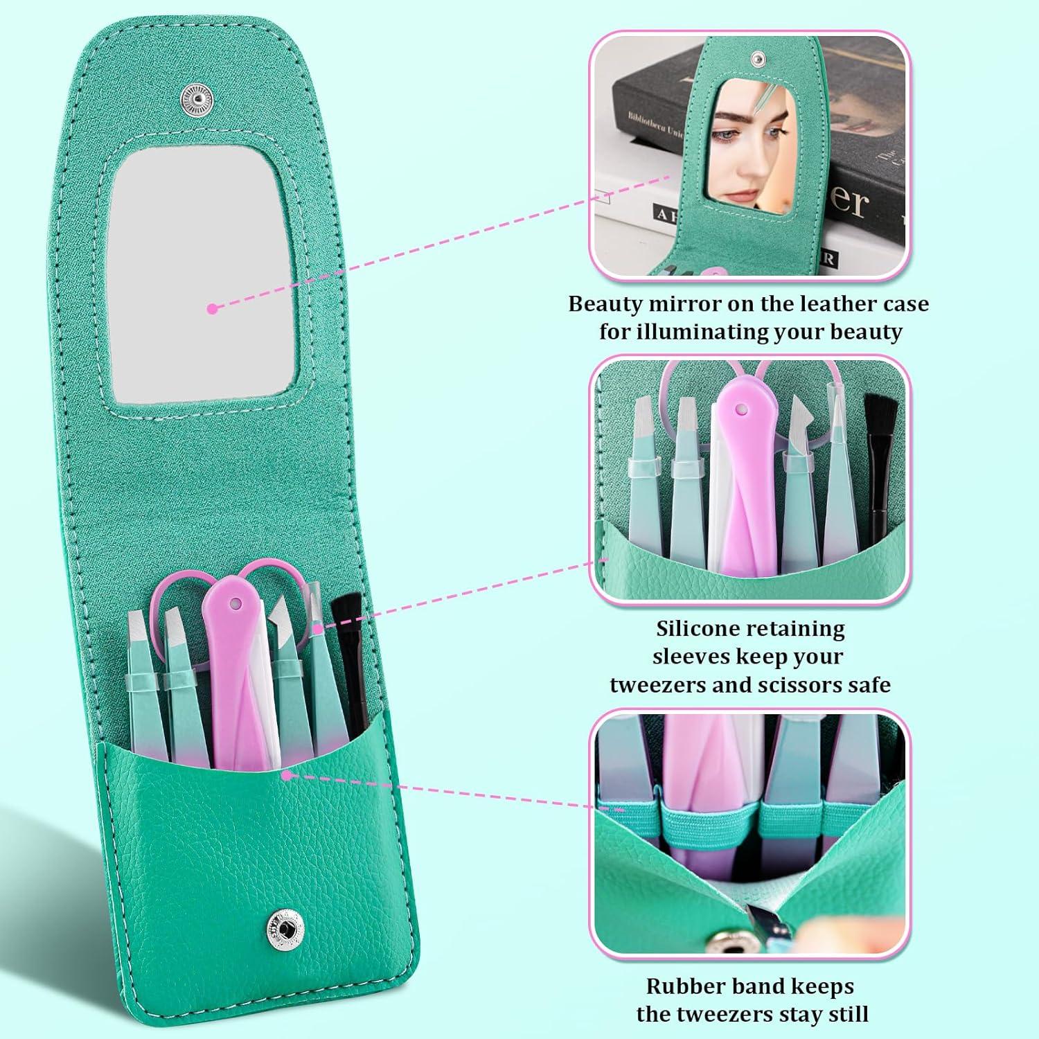 Pinzetten Set 7Pcs für Frauen Präzisions Pinzetten Reiseetui Edelstahl Eingewachsene Haare