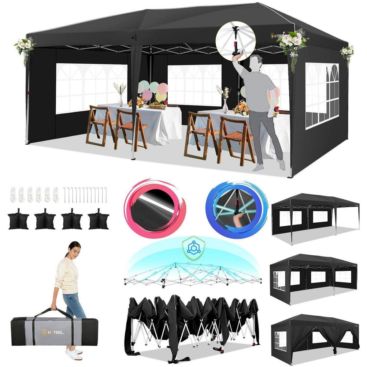 Faltpavillon 3x6 Wasserdicht mit Seitenwänden & Sandsäcken