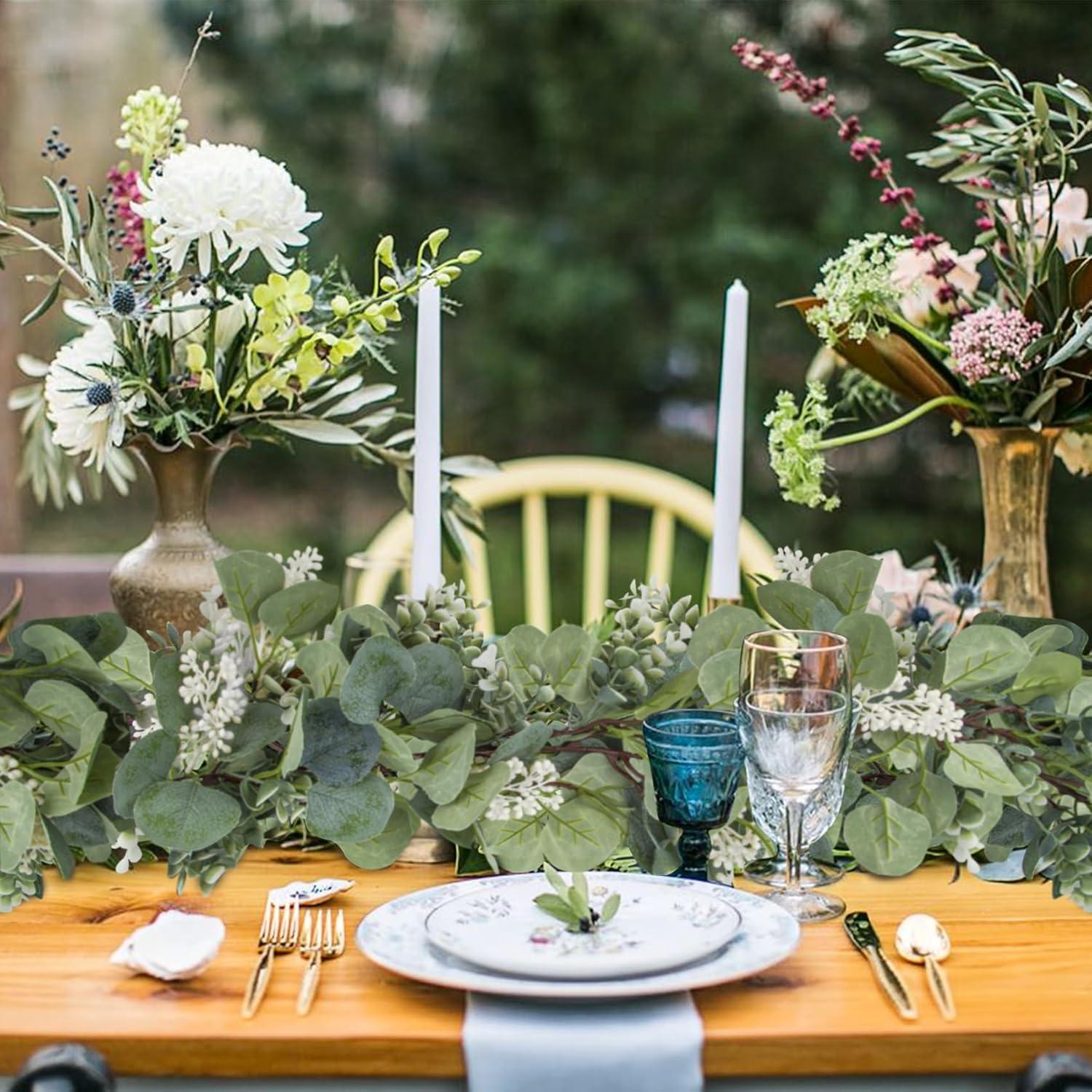 Künstliche Eukalyptus Girlande mit Blumen 6,56 Ft - Hochzeit Tischdekoration Weihnachten Grün
