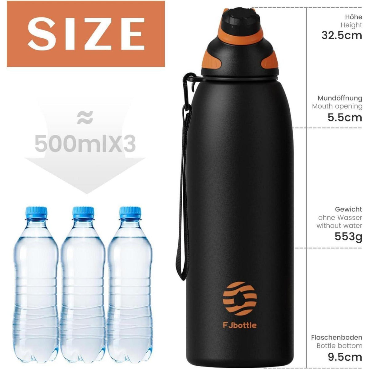 Edelstahl Trinkflasche mit Magnetdeckel, 1500ml, Kohlensäure geeignet