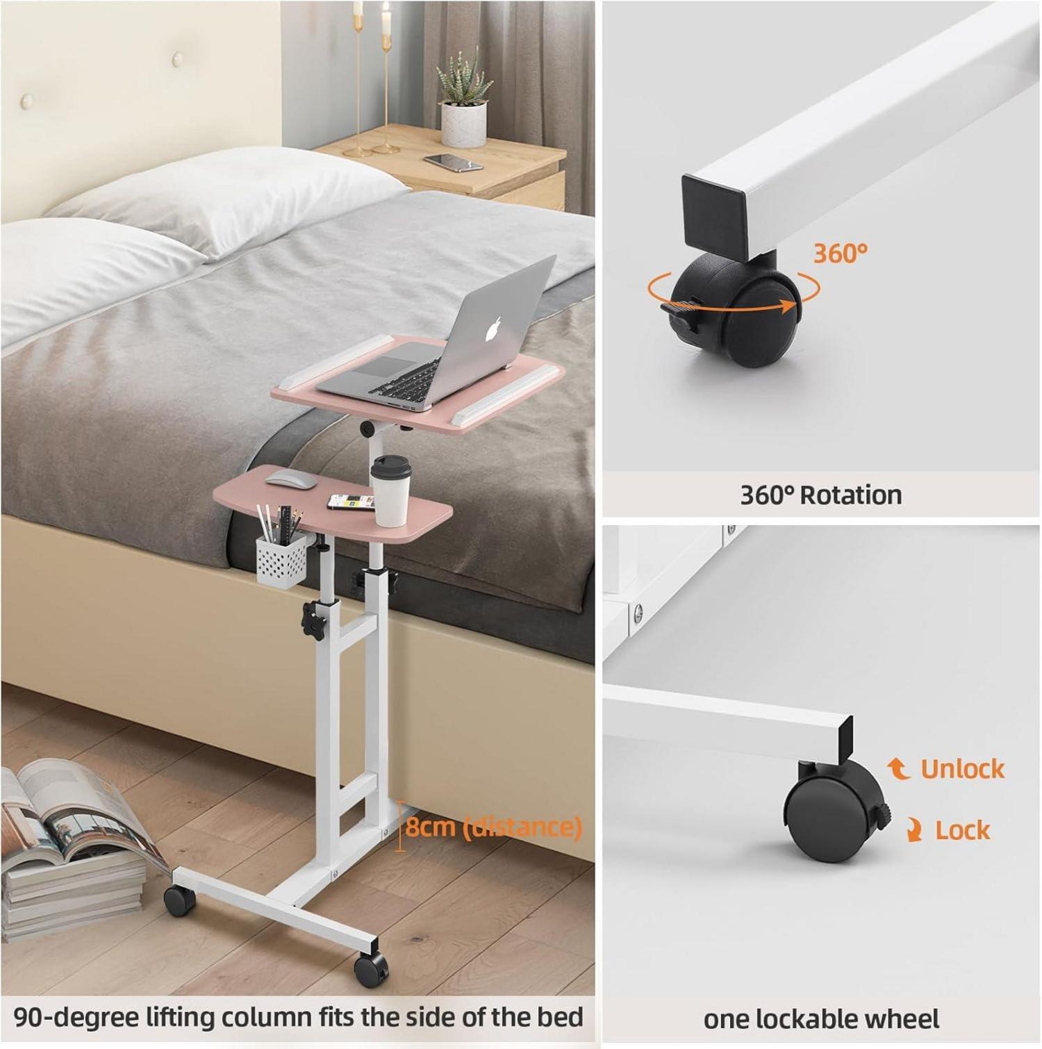Höhenverstellbarer Laptoptisch mit Rollen und Maustablett Rosa