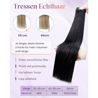 Echthaar Tressen Schwarz #1 – Remy Haartressen 45cm (100g)