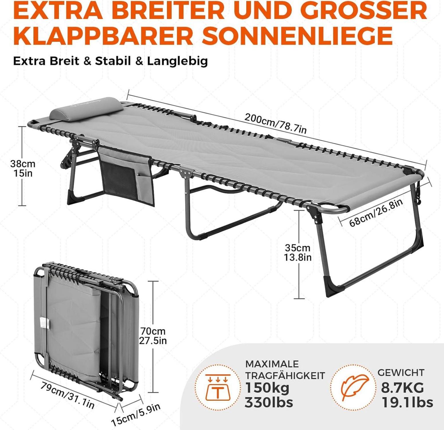 Übergroße Sonnenliege Klappbar Verstellbar Liegestuhl