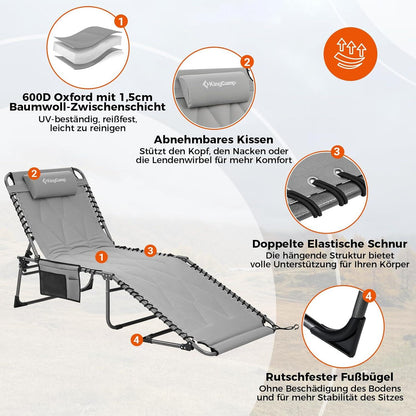 KingCamp Übergroße Sonnenliege Klappbar 5-Fach Verstellbar Gartenliege Grau 200 x 68 cm Set 2