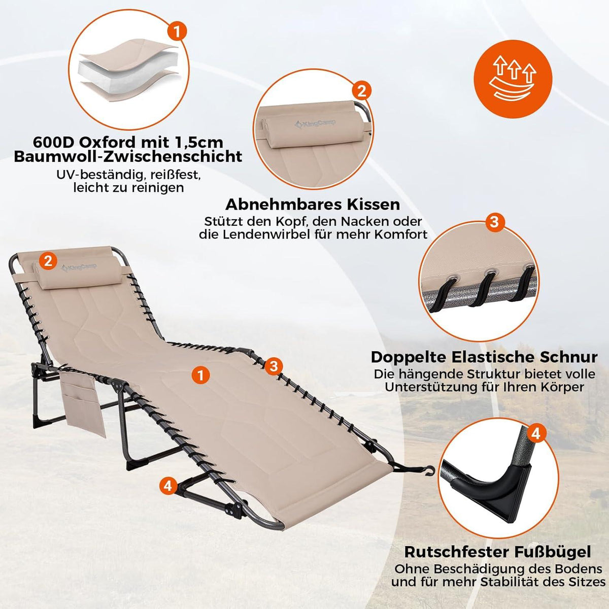 KingCamp Übergroße Sonnenliege Klappbar Verstellbar Gartenliege Liegestuhl bis 150 kg Beige 200 x 68 cm