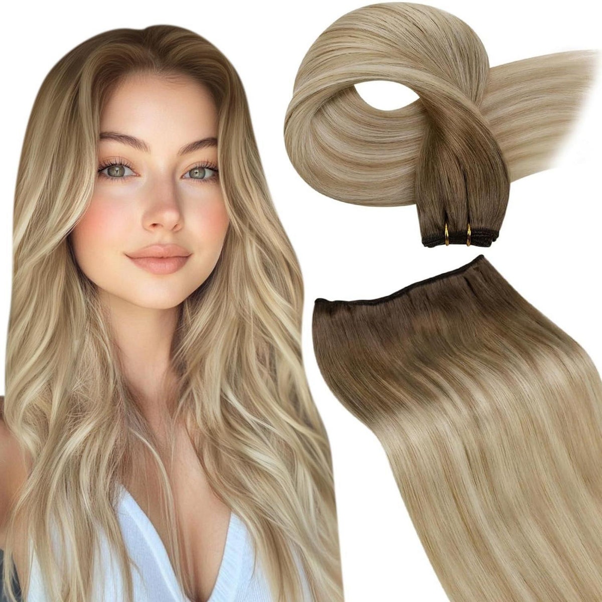 Echthaar Tressen Ombre Blond 55cm - Sew-in Weft #8/18/60