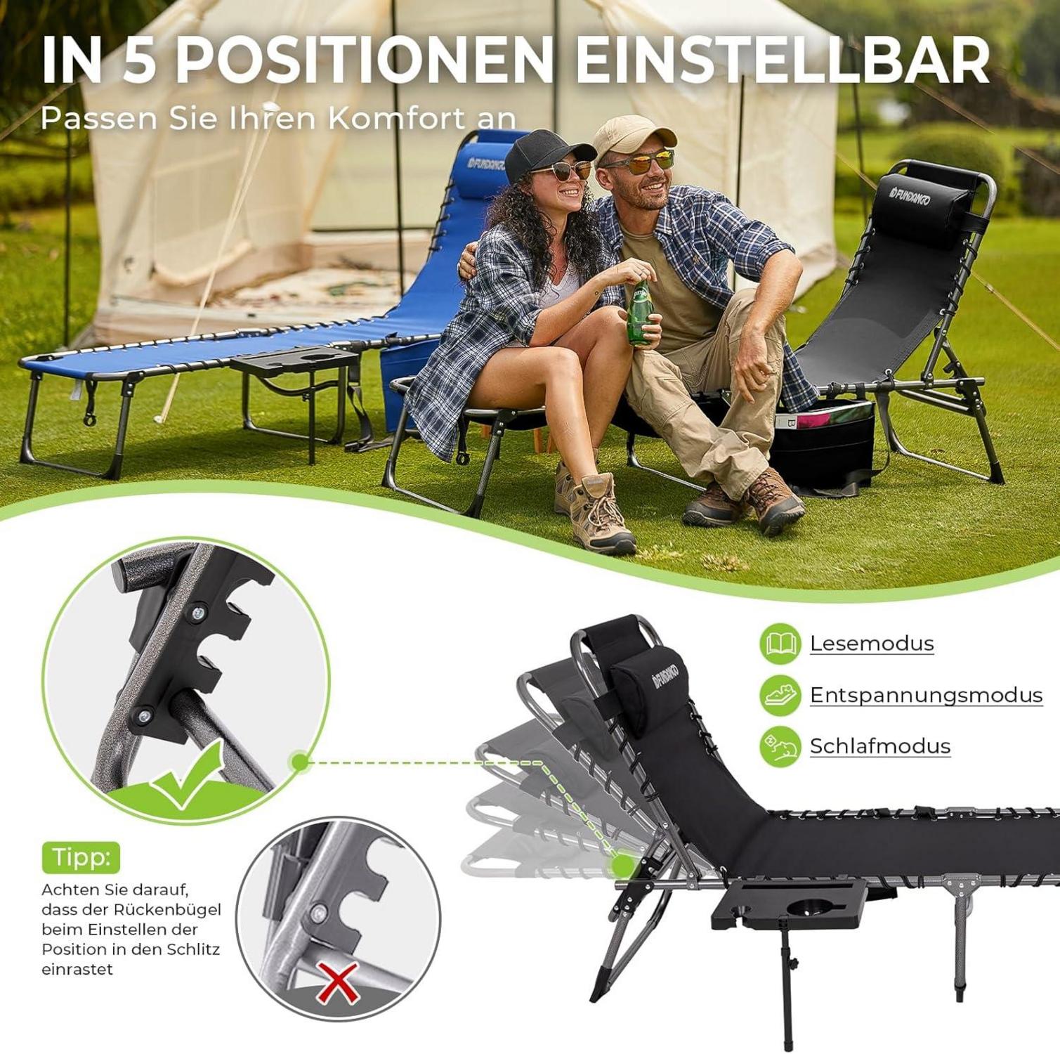 Faltbare Sonnenliege 5-Posit. Rückenlehne Seitentisch Kissen