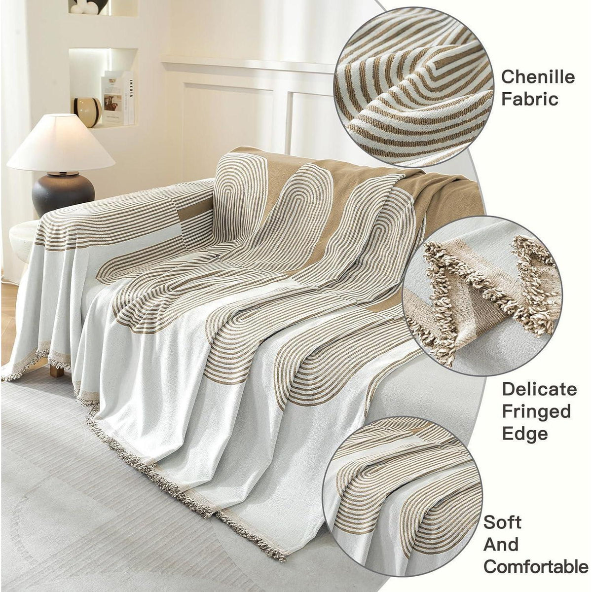 Sofaüberwurf Chenille 180x340cm – 3-Sitzer, Khaki