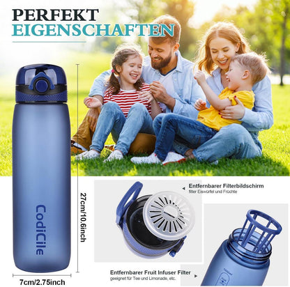 Trinkflasche 1 Liter BPA-frei mit Filter, Auslaufsicher, Sportflasche für Fitness, blau
