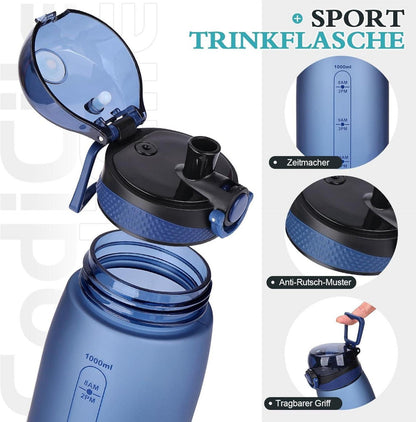 Trinkflasche 1L BPA-frei mit Filter, Auslaufsicher Blau