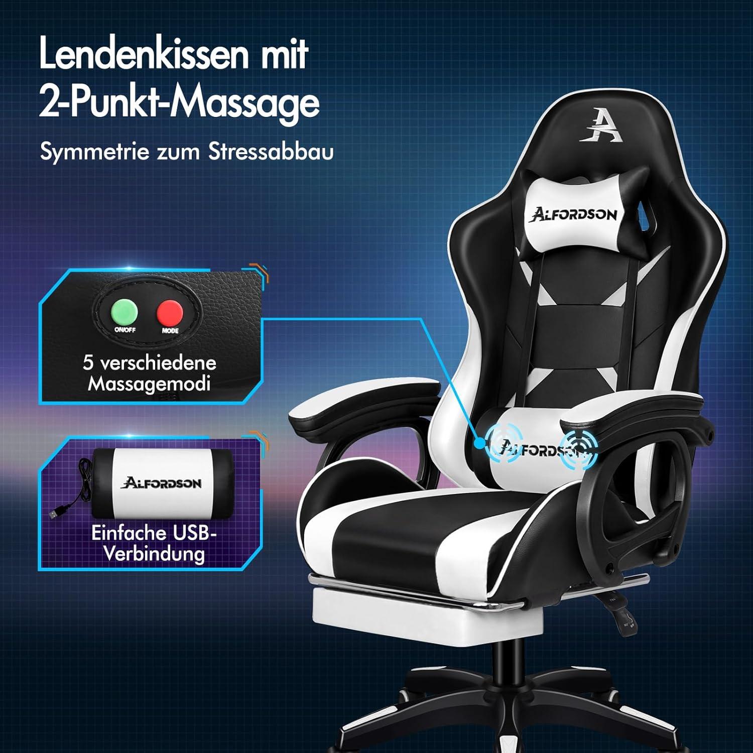 Gamingstuhl mit Massage, Fußstütze, 150° verstellbare Rückenlehne