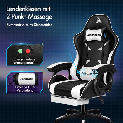 Gamingstuhl mit Massage, Fußstütze, 150° verstellbare Rückenlehne