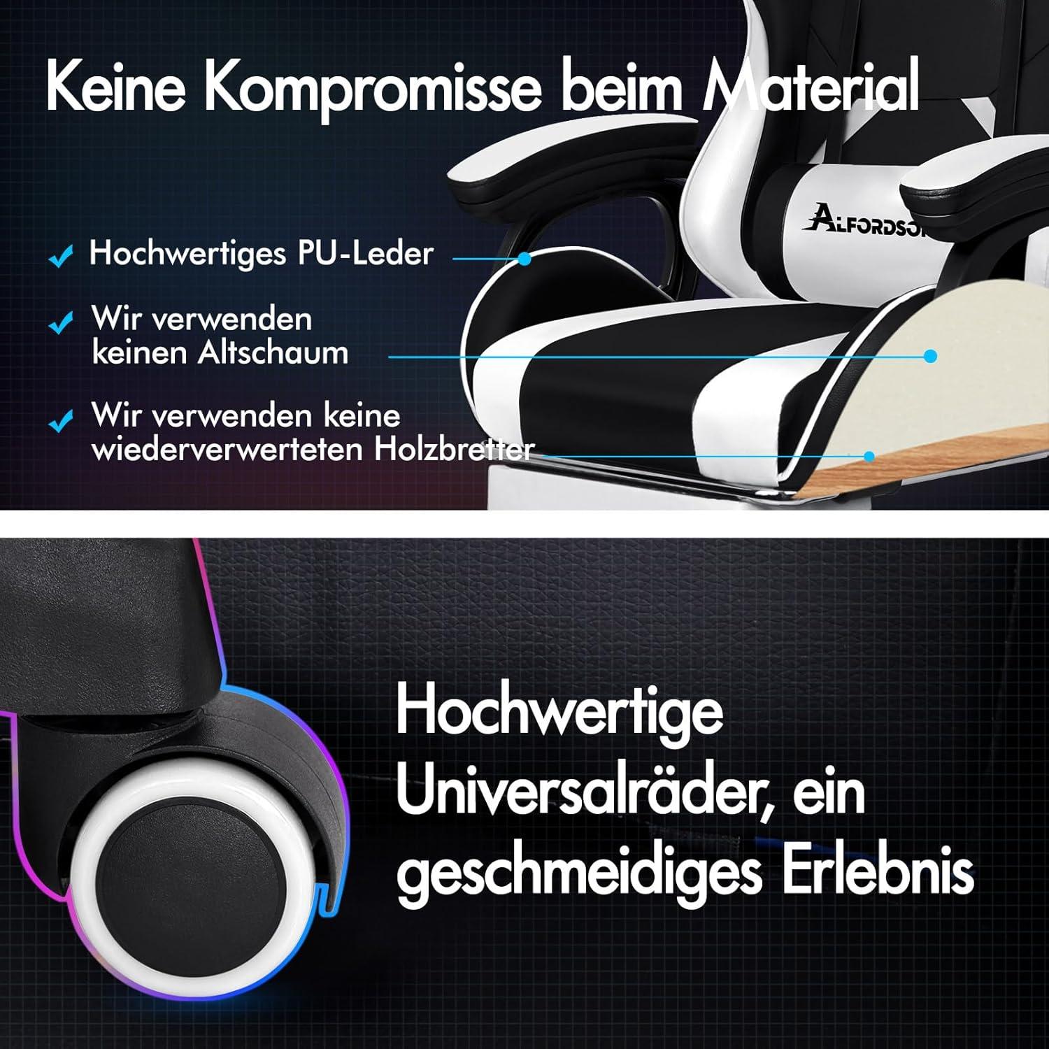 Gamingstuhl Bürostuhl 2-Punkt-Massage Fußstütze Weiß - 150° Rückenlehne