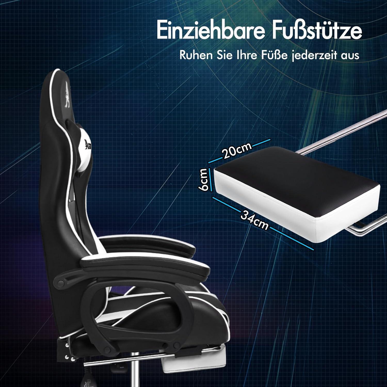 Gamingstuhl Bürostuhl mit 2-Punkt-Massage Fußstütze Lendenkissen