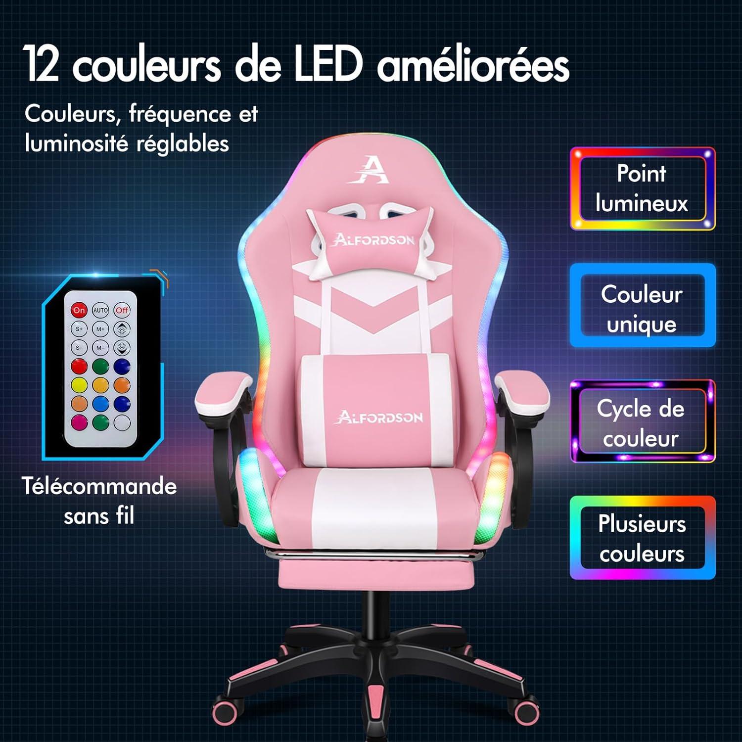 Gaming Stuhl Massage RGB LED Bürostuhl mit Fußstützen Kinder Erwachsene Rose