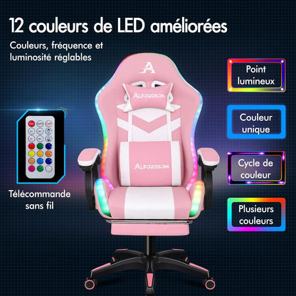 Gaming Stuhl Massage RGB LED Bürostuhl mit Fußstützen Kinder Erwachsene Rose
