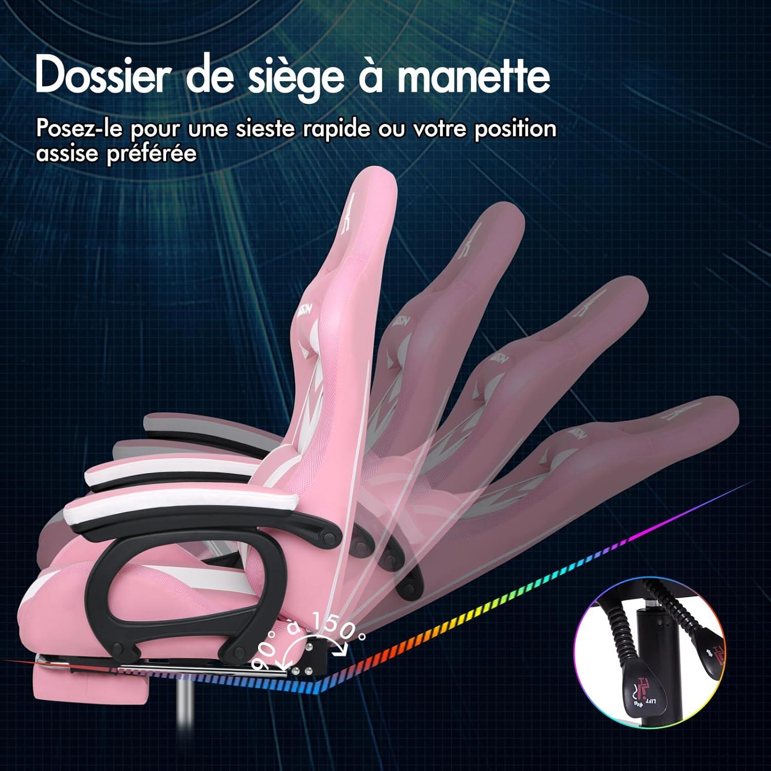 Gaming Stuhl Massage RGB LED Bürostuhl mit Fußstützen Kinder Erwachsene Rose