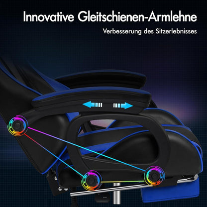 Gamingstuhl mit 2-Punkt-Massage und Fußstütze, Rückenlehne 150° verstellbar, blau