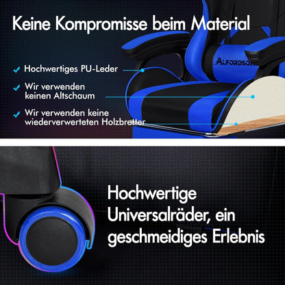 Gamingstuhl mit Massage, Fußstütze, 150° Rückenlehne, Lendenkissen, Blau