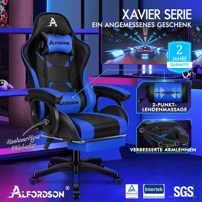 Gamingstuhl mit Massage, Fußstütze, 150° Rückenlehne, Lendenkissen, Blau