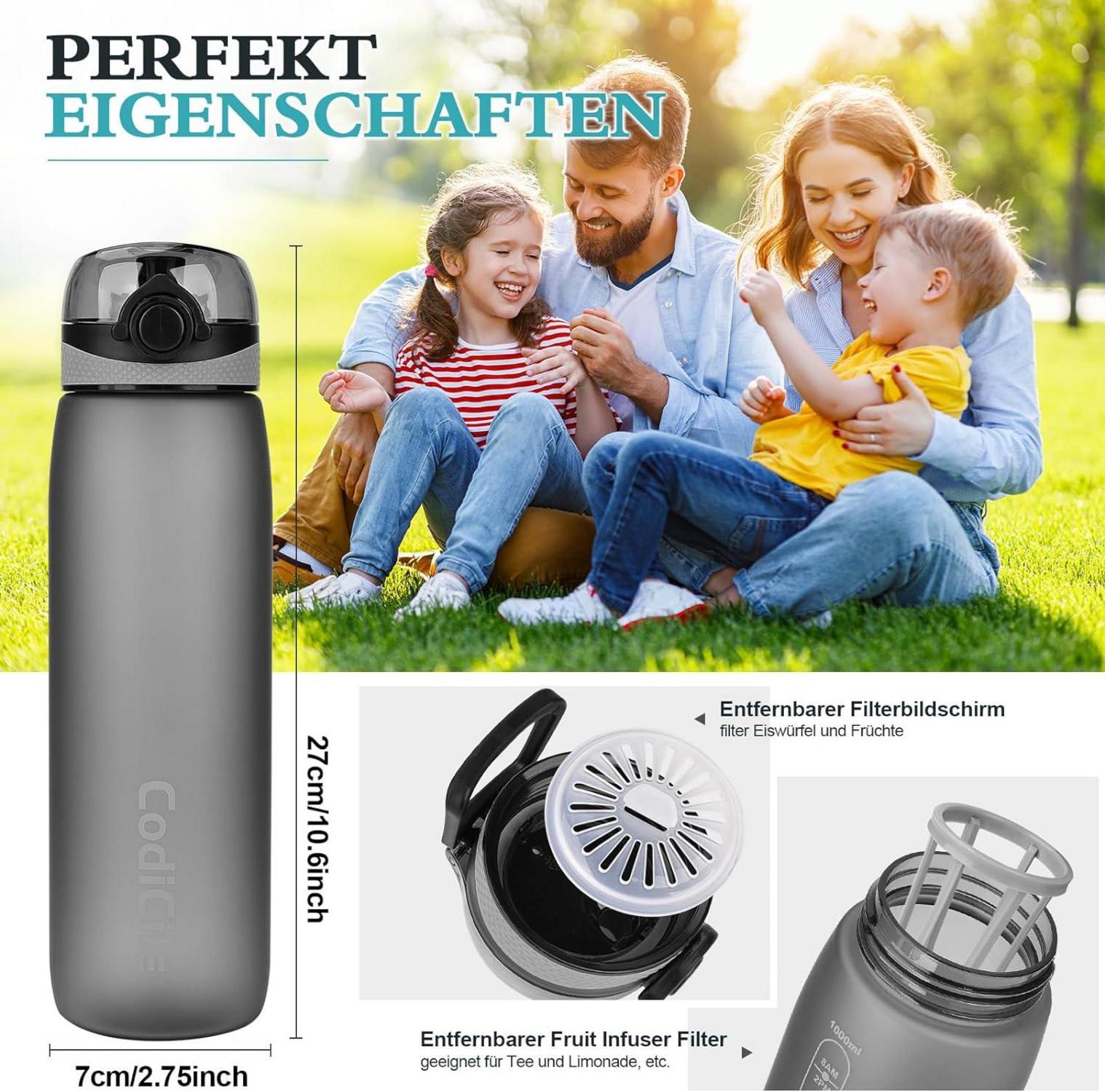 Trinkflasche 1L BPA-frei Tritan Sportflasche Auslaufsicher mit Filter grau