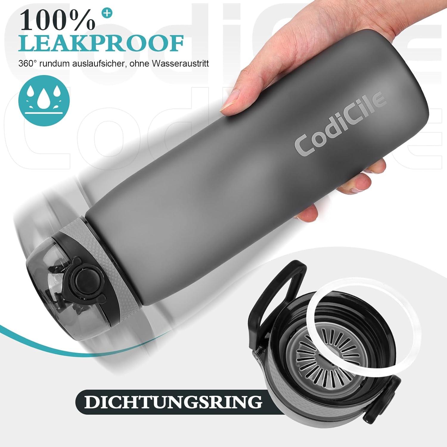 CodiCile 1L Trinkflasche BPA-frei Auslaufsicher Sportflasche Grau