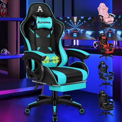 Gamingstuhl mit 2-Punkt-Massage und Fußstütze, Cyan