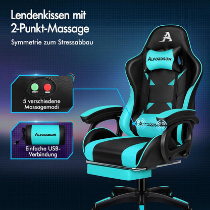 Gamingstuhl mit 2-Punkt-Massage und Fußstütze, Cyan