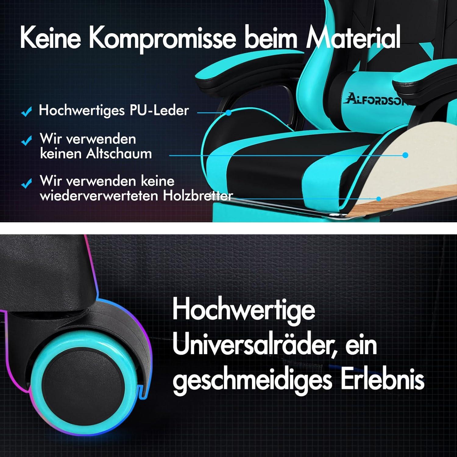 ALFORDSON Gamingstuhl Bürostuhl 2-Punkt-Massage Fußstütze Lendenkissen 150° Cyan