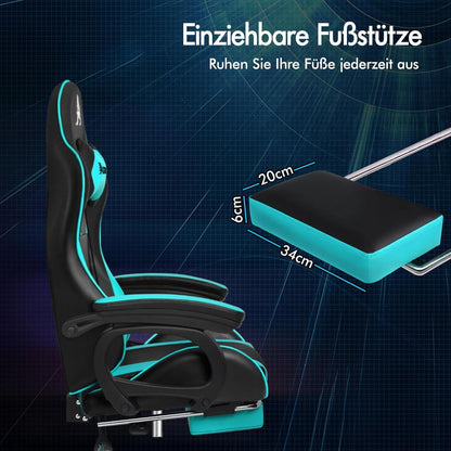 Gamingstuhl mit 2-Punkt-Massage, Fußstütze, Cyan