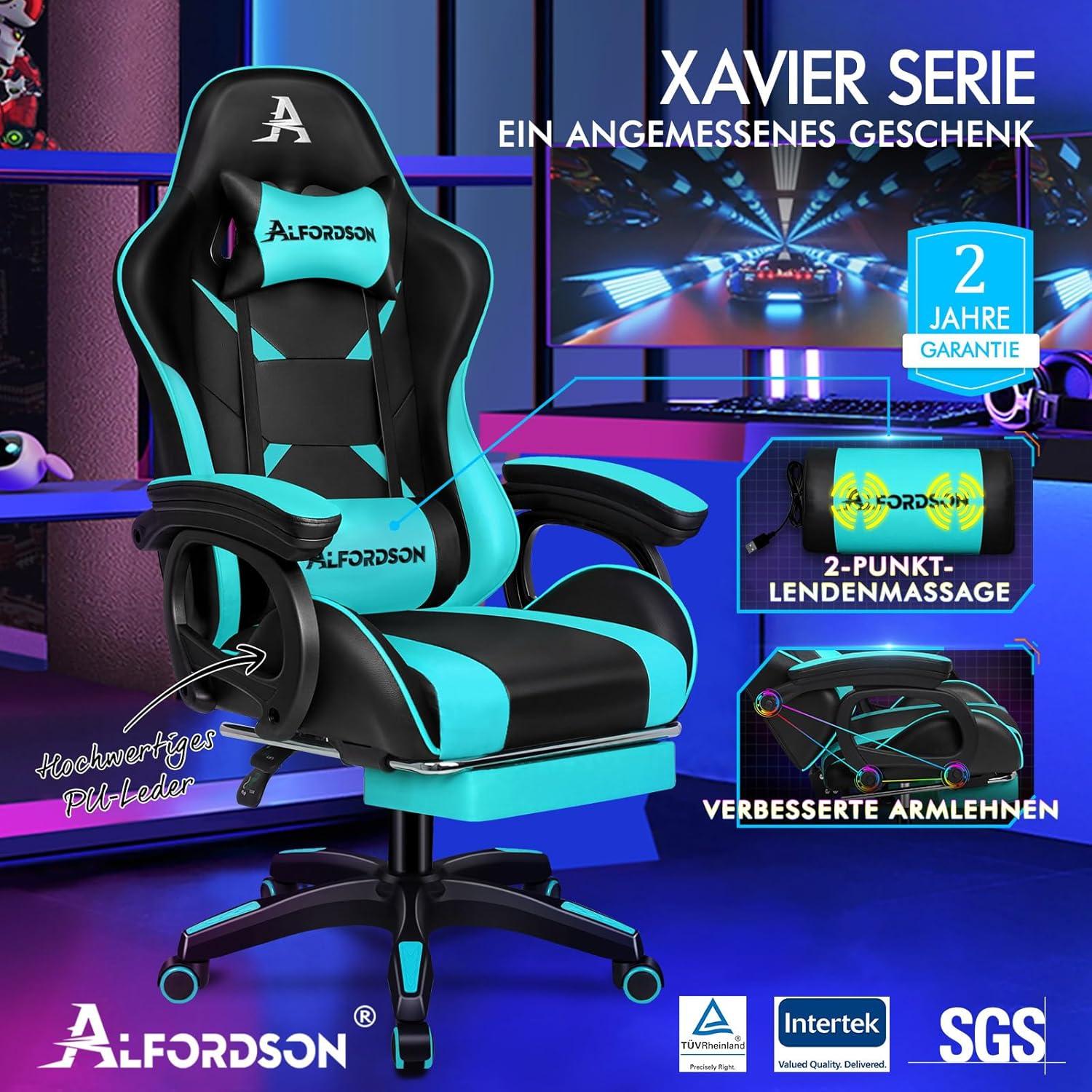 ALFORDSON Gamingstuhl Bürostuhl 2-Punkt-Massage Fußstütze Lendenkissen 150° Cyan
