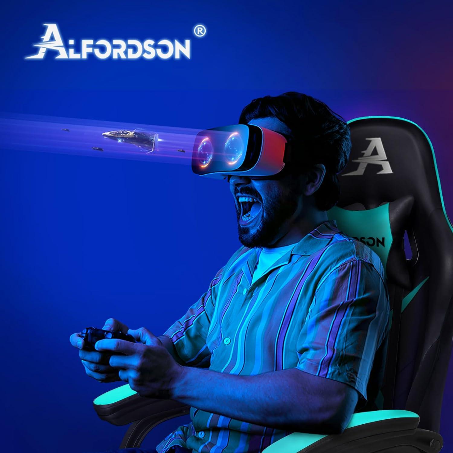 Gamingstuhl mit 2-Punkt-Massage, Fußstütze, Kopfstütze, 150° Rückenlehne, PU-Leder, Cyan