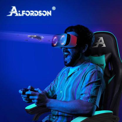 Gamingstuhl mit 2-Punkt-Massage, Fußstütze, Kopfstütze, 150° Rückenlehne, PU-Leder, Cyan