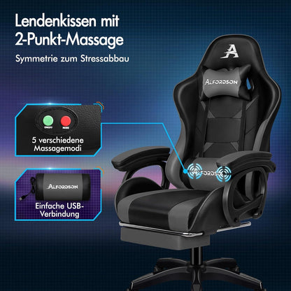 Gamingstuhl mit Massage, Fußstütze, Kopfstütze, Lendenkissen