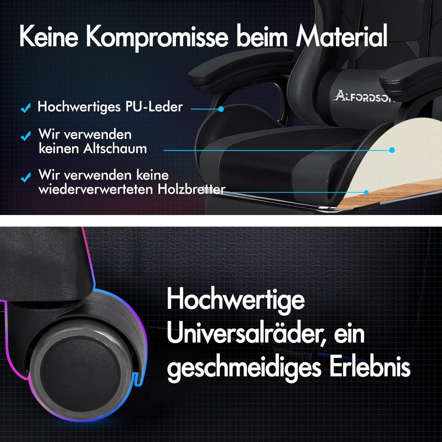 Gamingstuhl Bürostuhl 2-Punkt-Massage 150° Rückenlehne Fußstütze Leder Grau