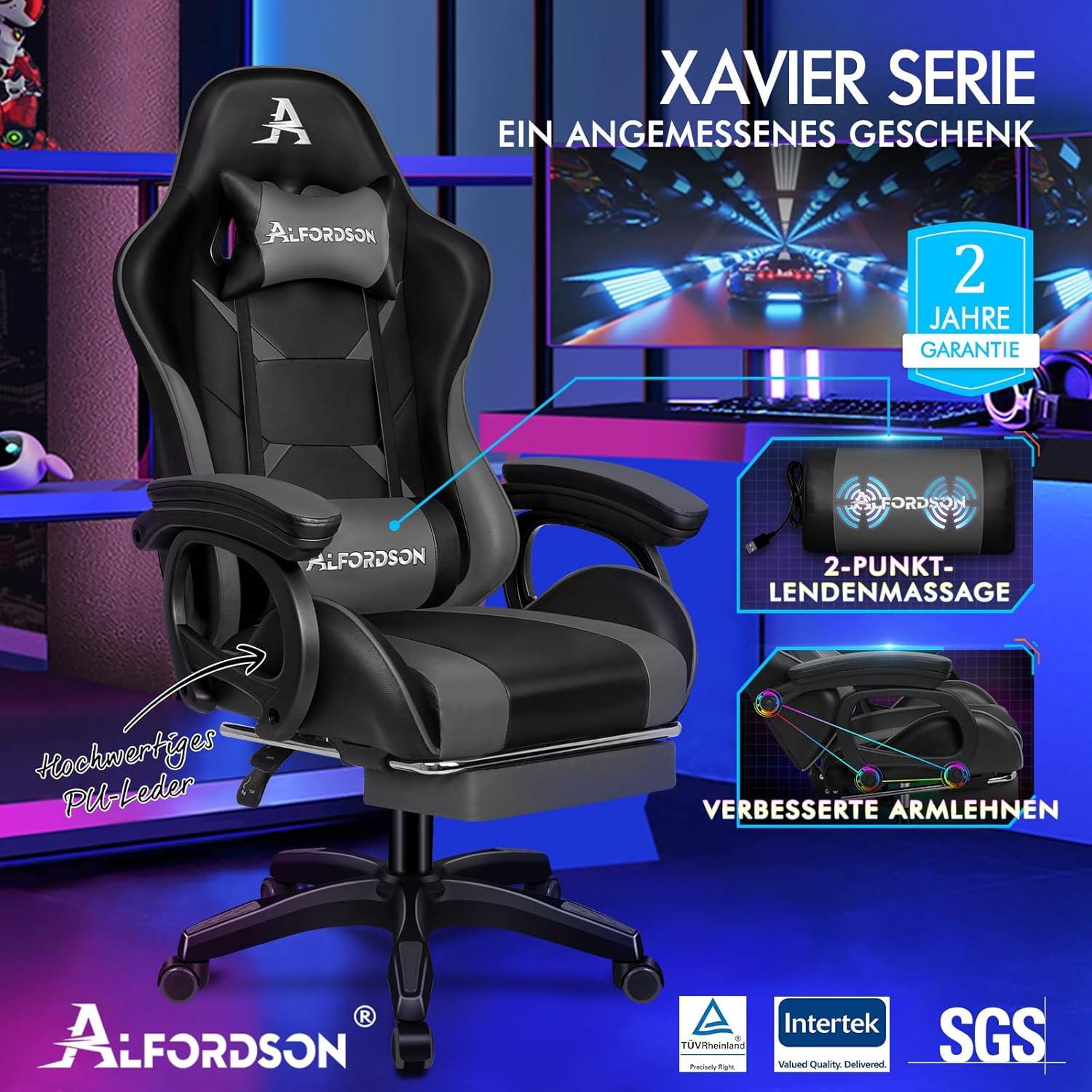 Gamingstuhl Bürostuhl 2-Punkt-Massage 150° Rückenlehne Fußstütze Leder Grau