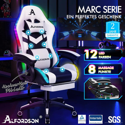 Gaming Stuhl Ergonomisch mit Lendenwirbelkissen, Kopfstütze, RGB