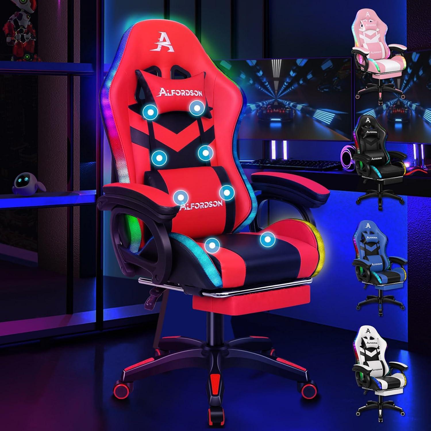 Gaming Stuhl mit 8-Punkt Massage RGB LED-Licht Rot