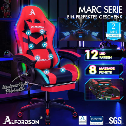 ALFORDSON Gaming Stuhl 8-Punkt Massage RGB LED Bürostuhl Ergonomisch Rot