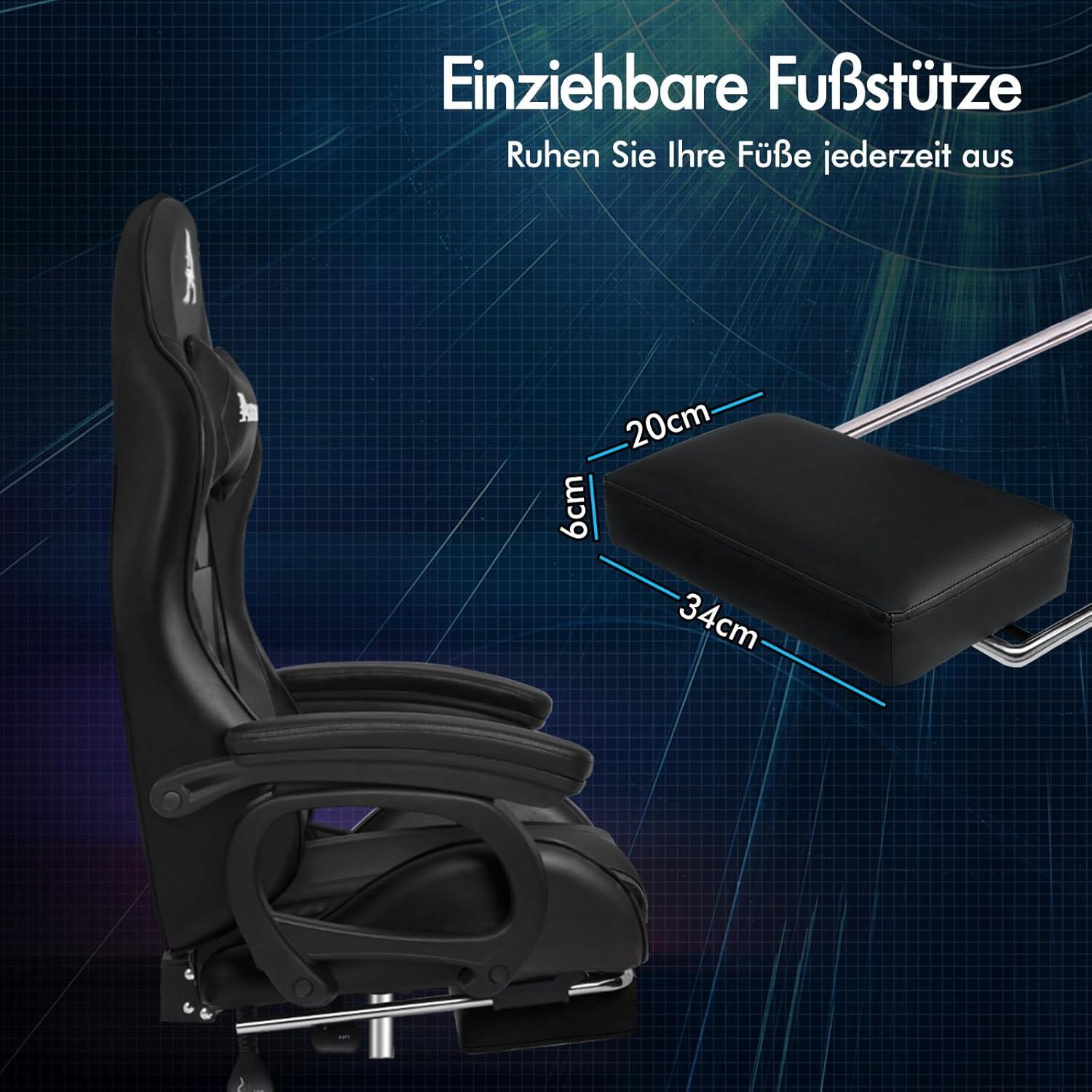 ALFORDSON Gamingstuhl mit Massage Fußstütze Kopfstütze Schwarz