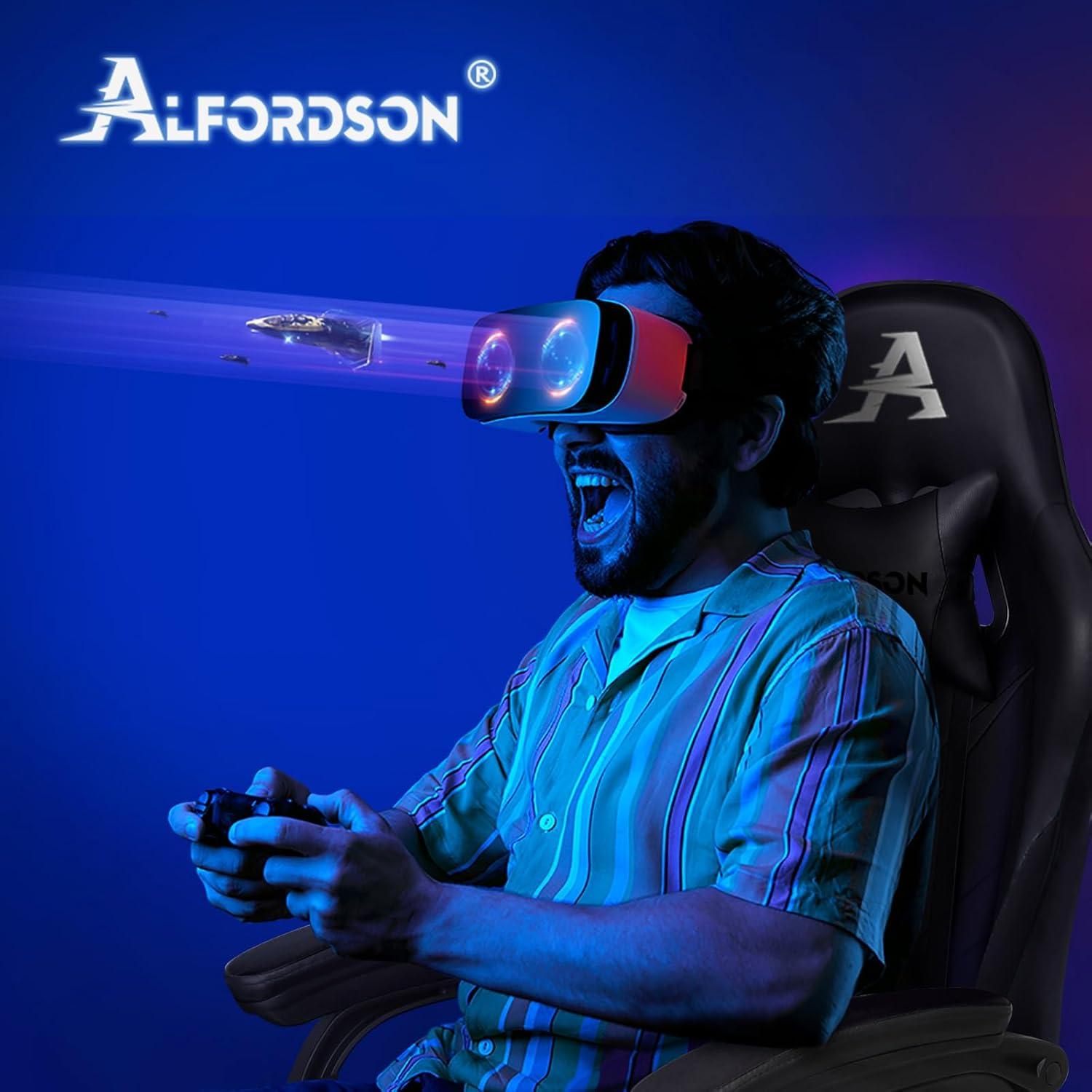 ALFORDSON Gamingstuhl mit Massage Fußstütze Kopfstütze Schwarz