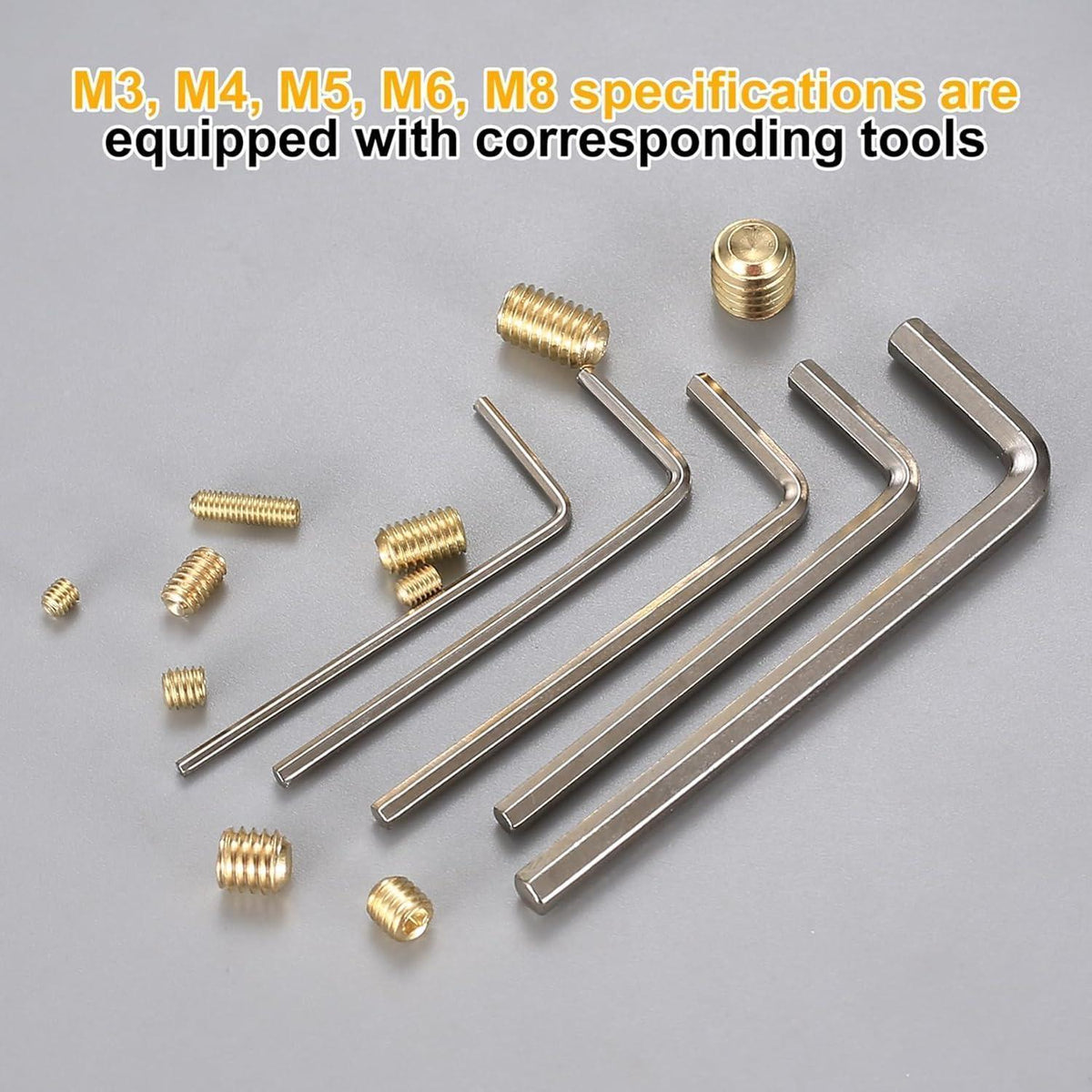 Madenschrauben Set 300 Stk. M3-M8 Innensechskant Gold mit Schlüssel
