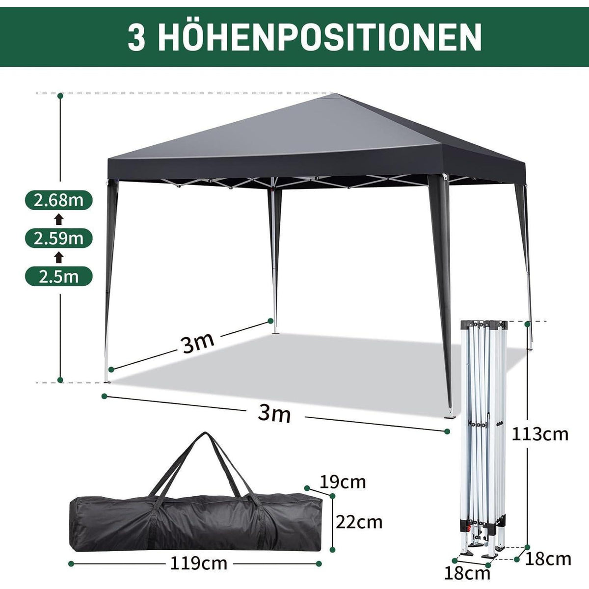 3x3m Faltpavillon wasserdicht & UV-Schutz 50+ mit 4 Seitenteilen