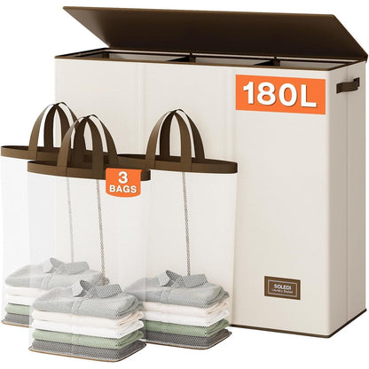 180L Wäschekorb 3 Fächer mit Deckel und Wäschesäcken Beige